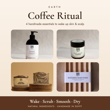 Earth Coffee Vibes Bundle - natural coffee care set with caffeine shampoo, coffee beans scrub, coffee soap and wooden soap dish