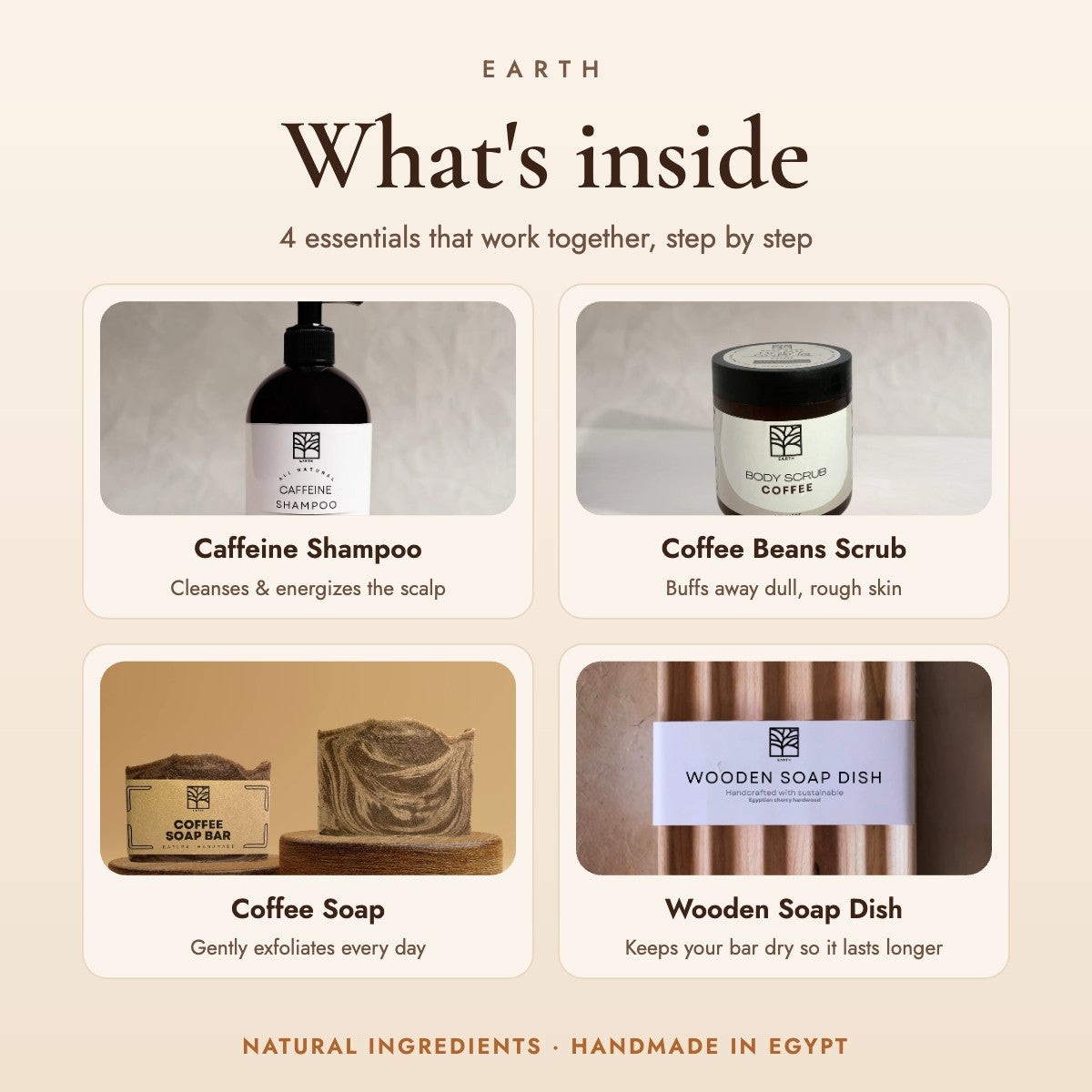 What's inside the Earth Coffee Vibes Bundle: 4 handmade coffee essentials for skin and scalp