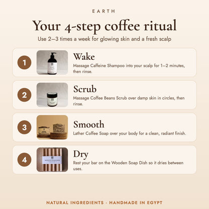 4-step coffee ritual with the Earth Coffee Vibes Bundle: wake, scrub, smooth and dry