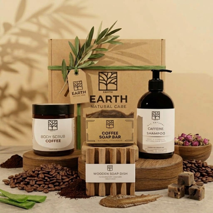 Earth Coffee Vibes Bundle gift box with caffeine shampoo, coffee beans body scrub, coffee soap bar and wooden soap dish