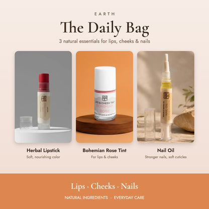 Earth Daily Bag beauty kit - herbal lipstick, Bohemian Rose lip and cheek tint and nail oil
