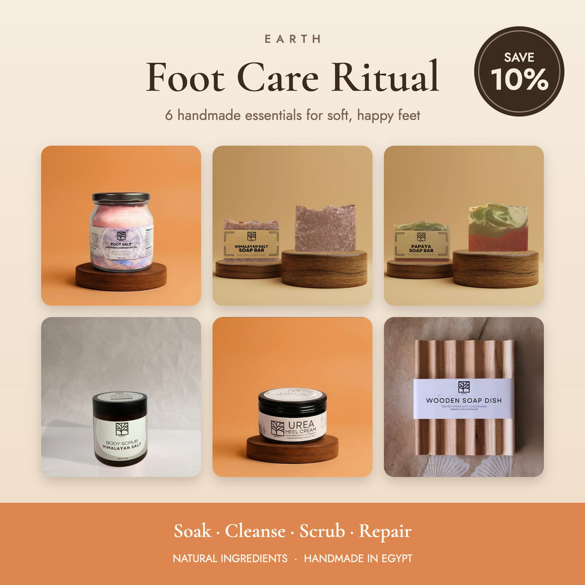 Earth Foot Care Bundle - natural foot spa set with foot salt, Himalayan salt soap, papaya soap, salt scrub, urea heel cream and wooden soap dish