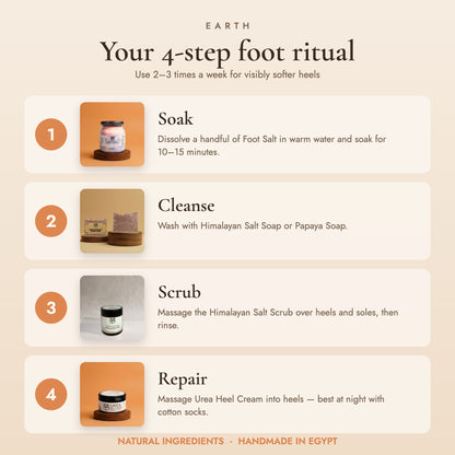 4-step foot care routine with the Earth bundle: soak, cleanse, scrub and repair dry, cracked heels