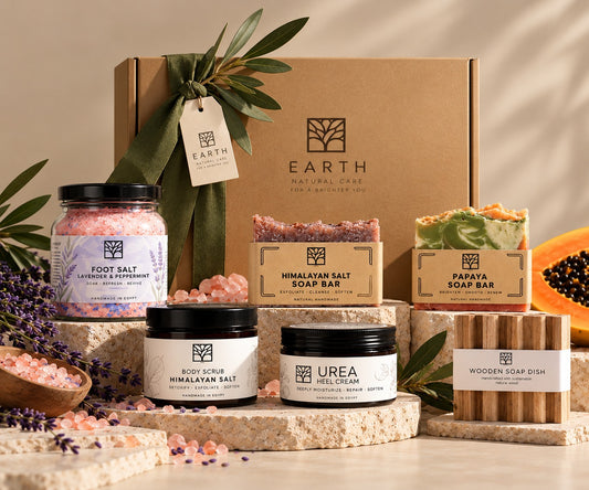 Earth Foot Care Bundle gift box with lavender foot salt, Himalayan salt soap, papaya soap, Himalayan salt body scrub, urea heel cream and wooden soap dish
